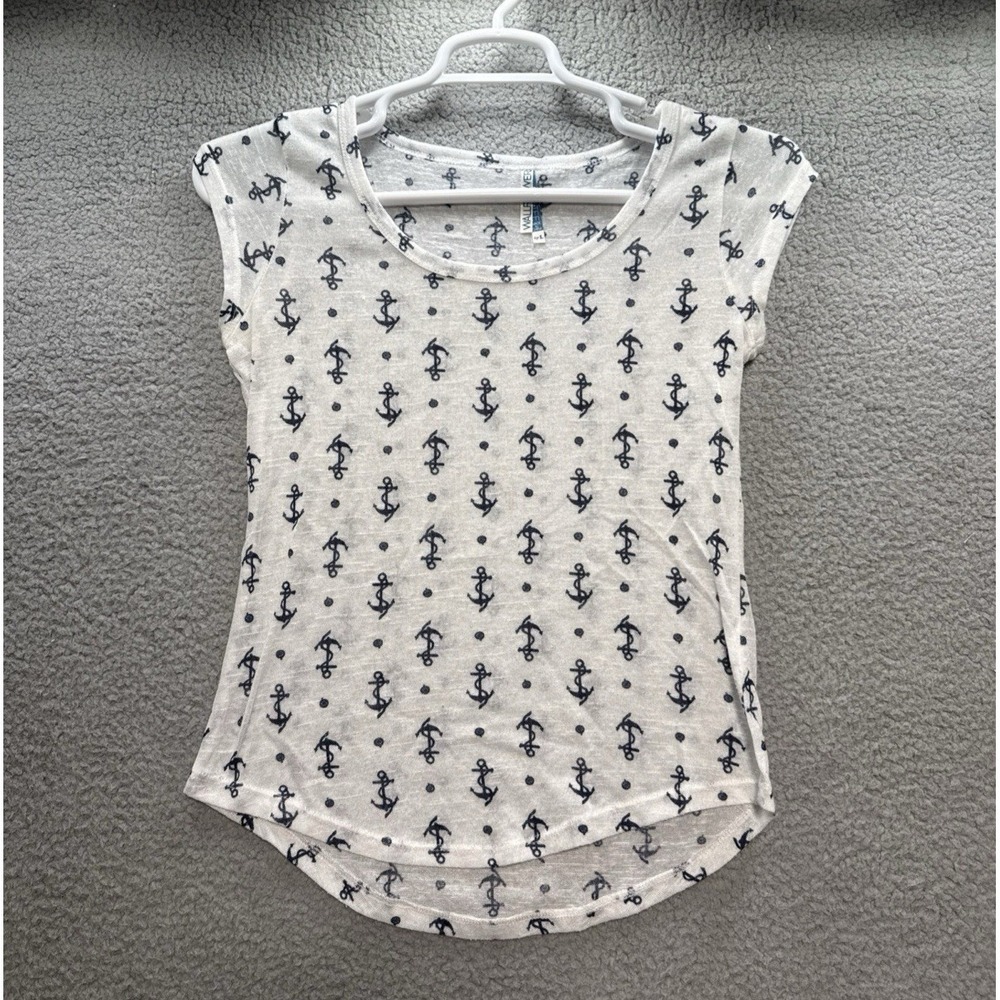 Wallflower‎ Womens L Anchor Print T-Shirt Navy Anchors Nautical Coastal Cruise